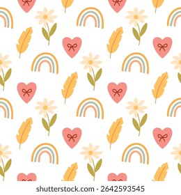 Rainbow floral and heart seamless background