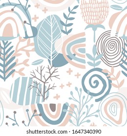 Rainbow floral seamless pattern. Abstract tile in hand-drawn simple doodle cartoon style. Scandinavian vector illustration in pink-blue pastel palette.