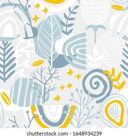 Rainbow floral seamless pattern. Abstract tile in hand-drawn simple doodle cartoon style. Scandinavian vector illustration in blue yellow pastel palette.
