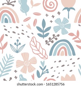 Diseño floral arcoiris sin fisuras. Baldosa abstracta en estilo de dibujo a mano. Ilustración vectorial escandinava en paleta pastel rosa-azul.