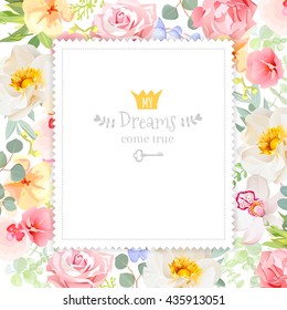 Rainbow floral square vector design frame. Orchid, rose, carnation flowers and bright summer green leaves. Spring backdrop template. 