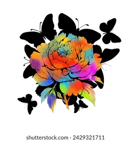 Rainbow flower with black butterflies abstraction. hand drawing. Not AI, Vector illustration