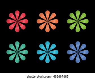 Rainbow flower logo. 3D icon and design element on a black background. Bright and colorful company branding concepts.