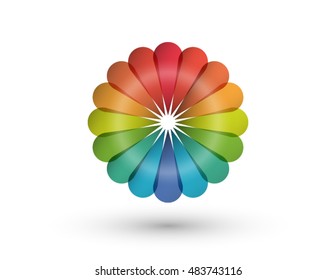 Rainbow flower logo. 3D icon and design element. Bright and colorful company branding concept.