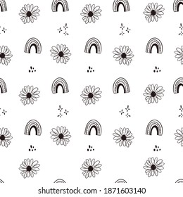 Rainbow and flower monochrome seamless pattern vector design illustration