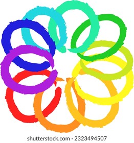 Rainbow flower on a white background, rainbow rings drawn in chalk on a white background. Rainbow flower isolated on a white background. Vector illustration. EPS 10