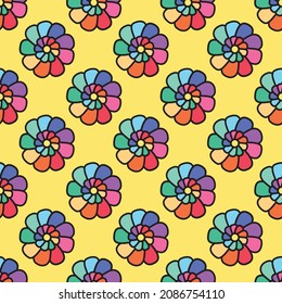 Rainbow Flower Seamless Pattern Vector. Colorful Soft Pastel Color Flat Design. Cute Simple Flower Endless Background. Simple Decorative Illustration for Wallpaper, wrapping paper.