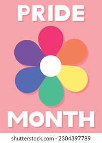 Regenbogenblume und Text PRIDE MONAT auf rosafarbenem Hintergrund