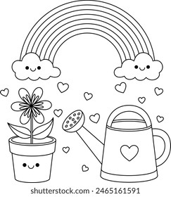 Rainbow, flower and watering cartoon character coloring page for kids. Summer landcape vector illustration