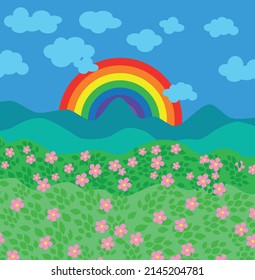 Regenbogen und blühender Hügel, Vektorgrafik