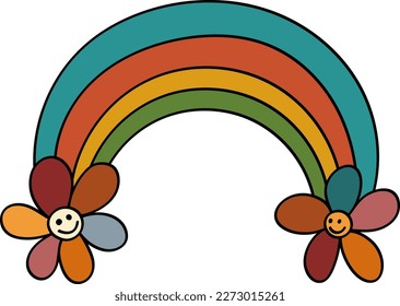 Rainbow with Flowers in 70s or 60s Retro Trippy Style. Weather Funny 1970 Icon. Seventies Groovy Flowers. Cartoon Childish Hand Drawn Vector Illustration.