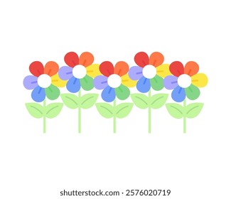 Rainbow flowers border frame decoration. Plant, natural, blossom, floral, garden concept. Flat decorative vector design isolated illustration.