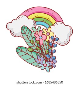 rainbow flowers foliage clouds nature cartoon isolated icon design vector illustration