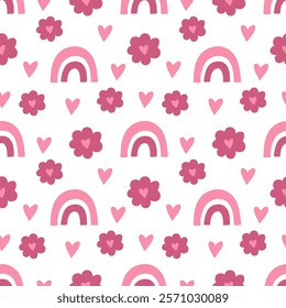 Rainbow, flowers, hearts, valentine's day, scandinavian style, perfect for fabric, wrapping paper, textile, baby bedding, wallpaper, pajamas.