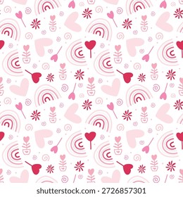 Arco iris, flores y corazones. Patrón sin fisuras de Vector. Estilo de dibujos animados, garabatos dibujados a mano que representan el amor.