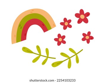 Arcoiris, flores y toallita de hojas como conjunto de vectores de elementos de doodle