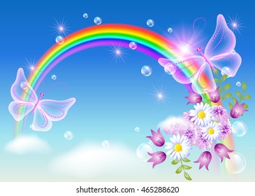 Rainbow with flowers and magic butterfly in the sky