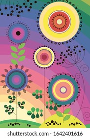 rainbow and flowers on a rainbow background, graphics with a black outline