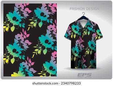 rainbow flowers on black background patterned Hawaiian shirt vector background image For making backgrounds for aloha shirt wallpaper or various backdrops.