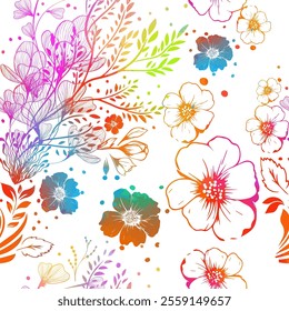 Rainbow flowers seamless background. hand drawing. Not AI, Vector illustration.