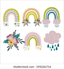 Rainbow with flowers set. Hand drawn vector illustrations.