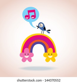rainbow flowers and singing bird