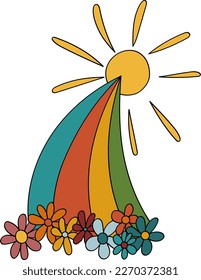 Rainbow with Flowers and Sun in 70s or 60s Retro Trippy Style. Weather Funny 1970 Icon. Seventies Groovy Flowers. Cartoon Childish Hand Drawn Vector Illustration.