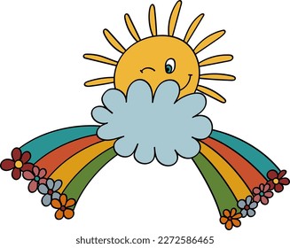 Rainbow and Flowers  Sun   Cloud in 70s 60s Retro Trippy Style  Weather Funny 1970 Icon  Seventies Groovy Flowers  Cartoon Childish Hand Drawn Vector Illustration 