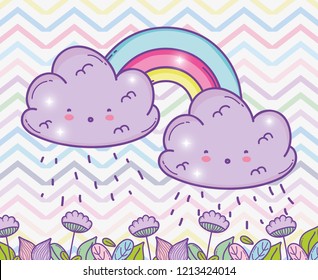 rainbow with fluffy clouds and flowers leaves