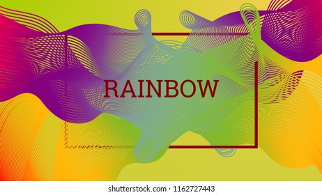 Rainbow fluid background. Iridescent moder design. Music multicolor poster. Rainbow stripe Wave liquid pattern. Organic gradient shape. Summer vivid colors frame design. Rainbow happy love background.