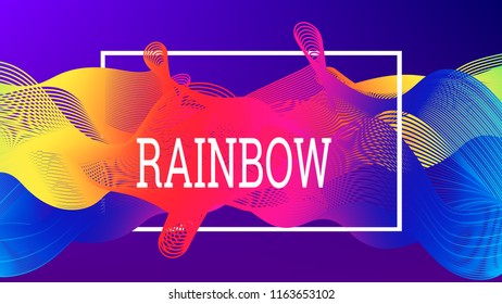Rainbow fluid background. Iridescent moder design. Music multicolor poster. Rainbow stripe Wave liquid pattern. Organic gradient shape. Summer vivid colors frame design. Rainbow happy love background.