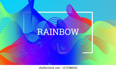 Rainbow fluid background. Iridescent moder design. Music multicolor poster. Rainbow stripe Wave liquid pattern. Organic gradient shape. Summer vivid colors frame design. Rainbow happy love background.