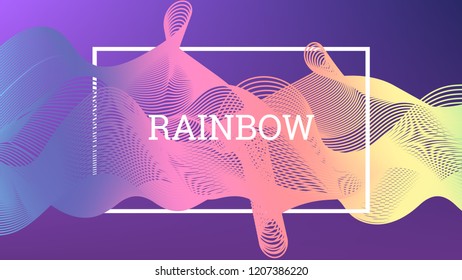 Rainbow fluid background. Iridescent moder design. Music multicolor poster. Rainbow stripe Wave liquid pattern. Organic gradient shape. Summer vivid colors frame design. 