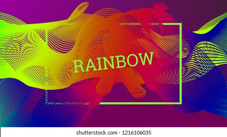 Rainbow fluid background. Iridescent moder design. Music multicolor poster. Rainbow stripe Wave liquid pattern. Organic gradient shape. Summer vivid colors frame design. Rainbow happy love background.