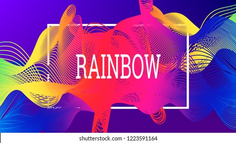 Rainbow fluid background. Iridescent moder design. Music multicolor poster. Rainbow stripe Wave liquid pattern. Organic gradient shape. Summer vivid colors frame design. Rainbow happy love background.