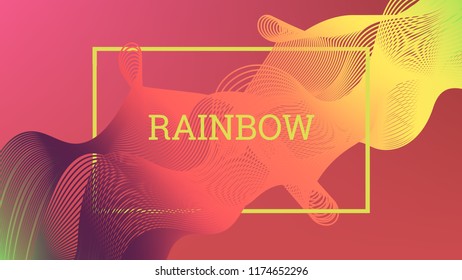 Rainbow fluid background. Iridescent modern design. Music multicolor poster. Rainbow stripe Wave liquid pattern. Organic gradient shape. Summer vivid colors frame design. Rainbow amplitude background.