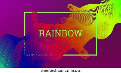 Rainbow fluid background. Iridescent modern design. Music multicolor poster. Rainbow stripe Wave liquid pattern. Organic gradient shape. Summer vivid colors frame design. Rainbow amplitude background.
