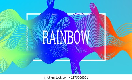 Rainbow fluid background. Iridescent modern design. Music multicolor poster. Rainbow stripe Wave liquid pattern. Organic gradient shape. Summer vivid colors frame design. Rainbow amplitude background.
