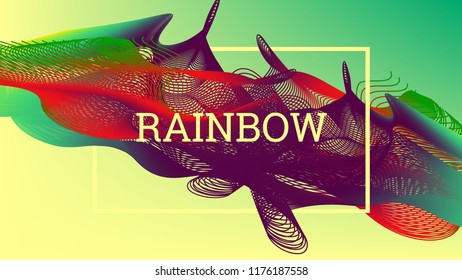 Rainbow fluid background. Iridescent modern design. Music multicolor poster. Rainbow stripe Wave liquid pattern. Organic gradient shape. Summer vivid colors frame design. Rainbow amplitude background.