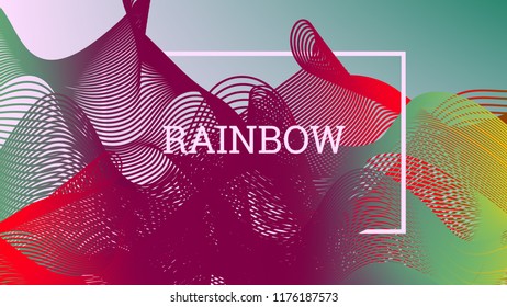 Rainbow fluid background. Iridescent modern design. Music multicolor poster. Rainbow stripe Wave liquid pattern. Organic gradient shape. Summer vivid colors frame design. Rainbow amplitude background.