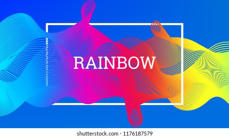 Rainbow fluid background. Iridescent modern design. Music multicolor poster. Rainbow stripe Wave liquid pattern. Organic gradient shape. Summer vivid colors frame design. Rainbow amplitude background.