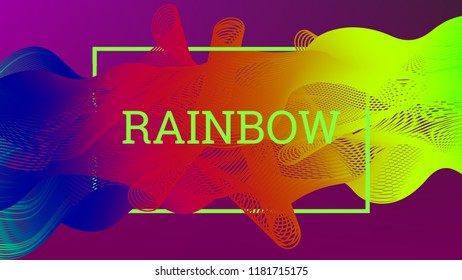 Rainbow fluid background. Iridescent modern design. Music multicolor poster. Rainbow stripe Wave liquid pattern. Organic gradient shape. Summer vivid colors frame design. Rainbow amplitude background.