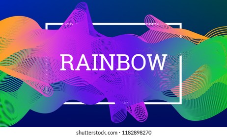 Rainbow fluid background. Iridescent modern design. Music multicolor poster. Rainbow stripe Wave liquid pattern. Organic gradient shape. Summer vivid colors frame design. Rainbow amplitude background.