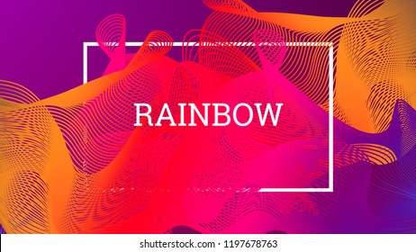 Rainbow fluid background. Iridescent modern design. Music multicolor poster. Rainbow stripe Wave liquid pattern. Organic gradient shape. Summer vivid colors frame design. Rainbow amplitude background.