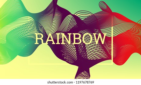 Rainbow fluid background. Iridescent modern design. Music multicolor poster. Rainbow stripe Wave liquid pattern. Organic gradient shape. Summer vivid colors frame design. Rainbow amplitude background.