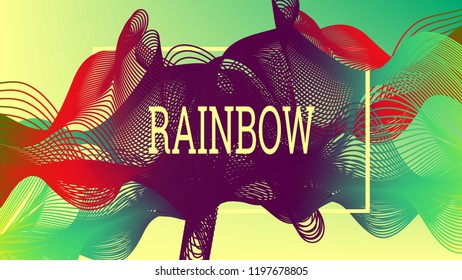 Rainbow fluid background. Iridescent modern design. Music multicolor poster. Rainbow stripe Wave liquid pattern. Organic gradient shape. Summer vivid colors frame design. Rainbow amplitude background.
