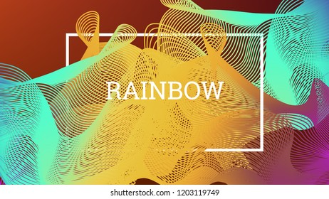 Rainbow fluid background. Iridescent modern design. Music multicolor poster. Rainbow stripe Wave liquid pattern. Organic gradient shape. Summer vivid colors frame design. Rainbow amplitude background.