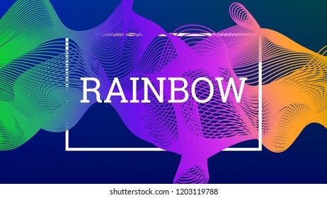 Rainbow fluid background. Iridescent modern design. Music multicolor poster. Rainbow stripe Wave liquid pattern. Organic gradient shape. Summer vivid colors frame design. Rainbow amplitude background.