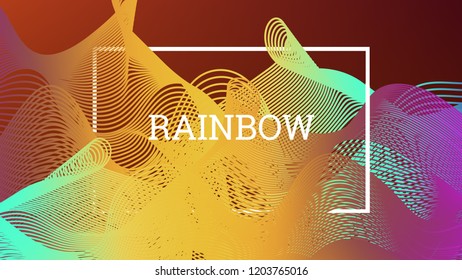 Rainbow fluid background. Iridescent modern design. Music multicolor poster. Rainbow stripe Wave liquid pattern. Organic gradient shape. Summer vivid colors frame design. Rainbow amplitude background.