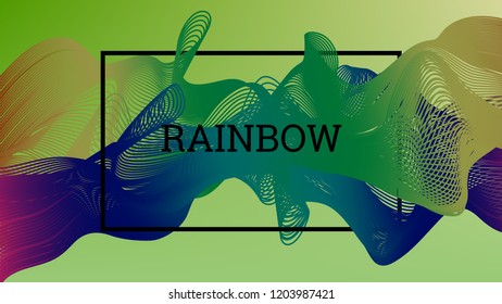 Rainbow fluid background. Iridescent modern design. Music multicolor poster. Rainbow stripe Wave liquid pattern. Organic gradient shape. Summer vivid colors frame design. Rainbow amplitude background.
